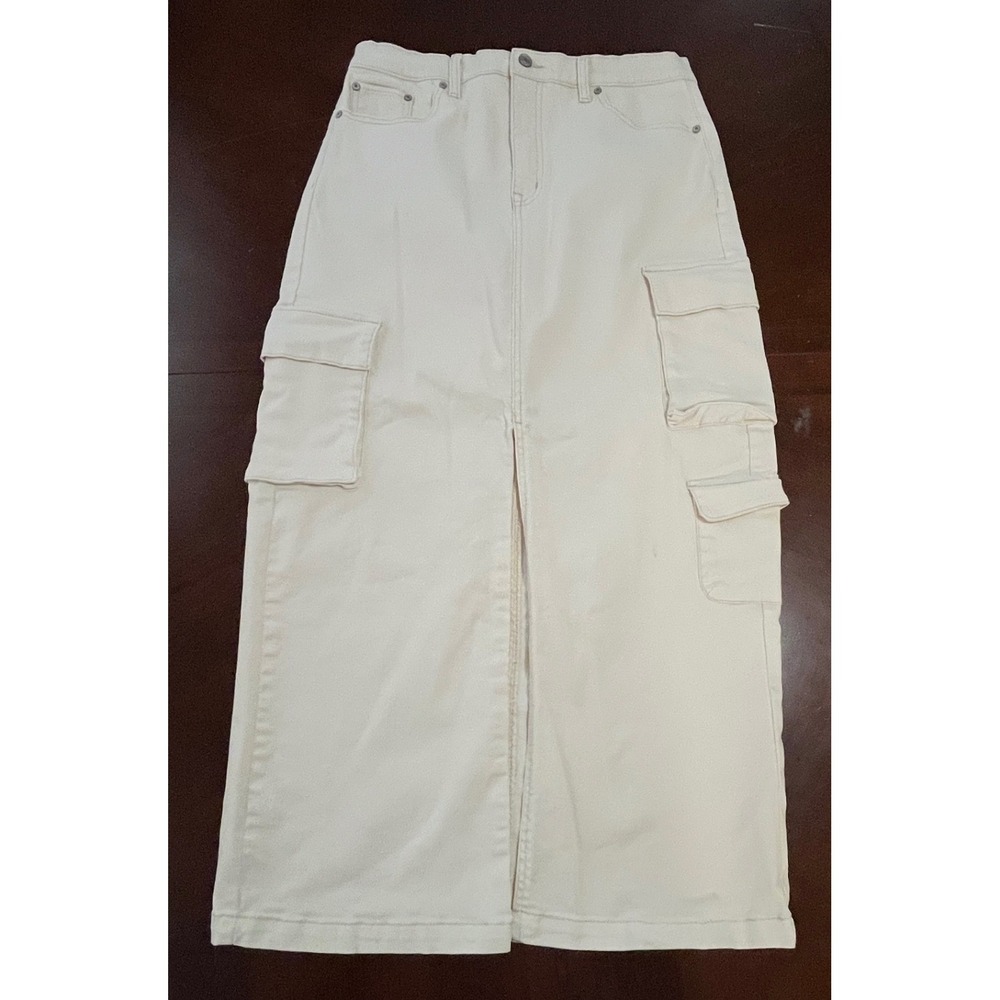 Scoop Off White Cream Cargo Maxi Skirt Denim Utility Front Slit Womens 8 EUC